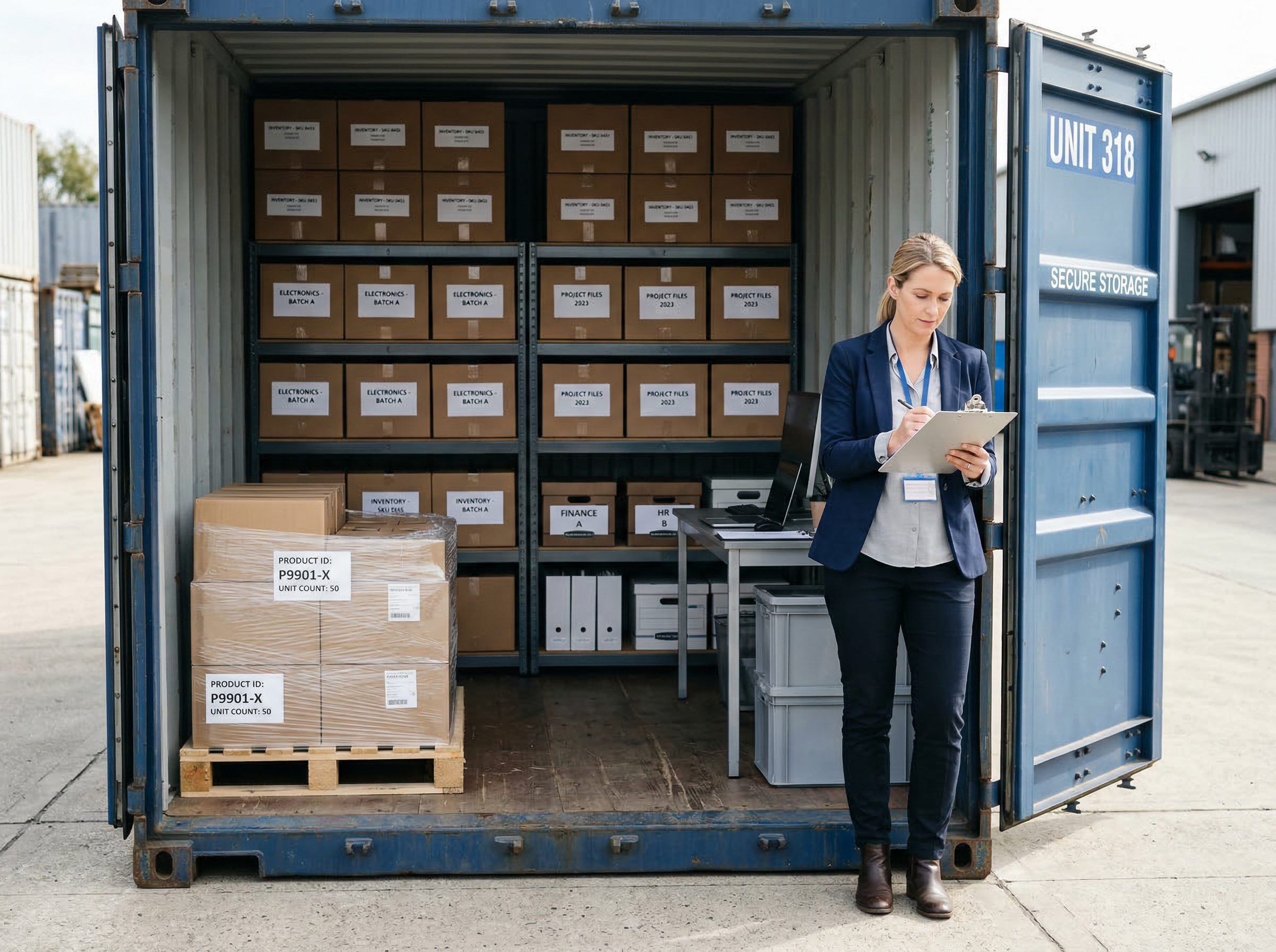 Business inventory stored in a container unit at Anchor Storage