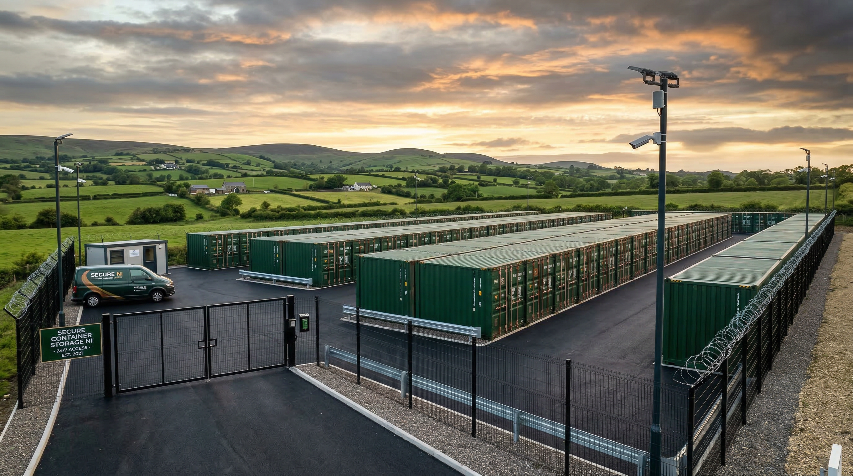 Aerial view of Anchor Storage facility in Antrim showing rows of secure green shipping containers with CCTV and security fencing, set against Northern Ireland's rolling green hills